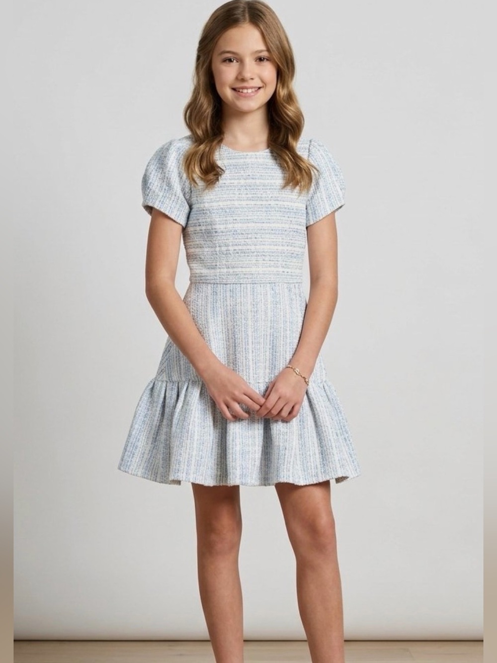 Zoe Ltd Girls Ruby Tweed Drop Waist Party Dress Light Blue/White Size 12